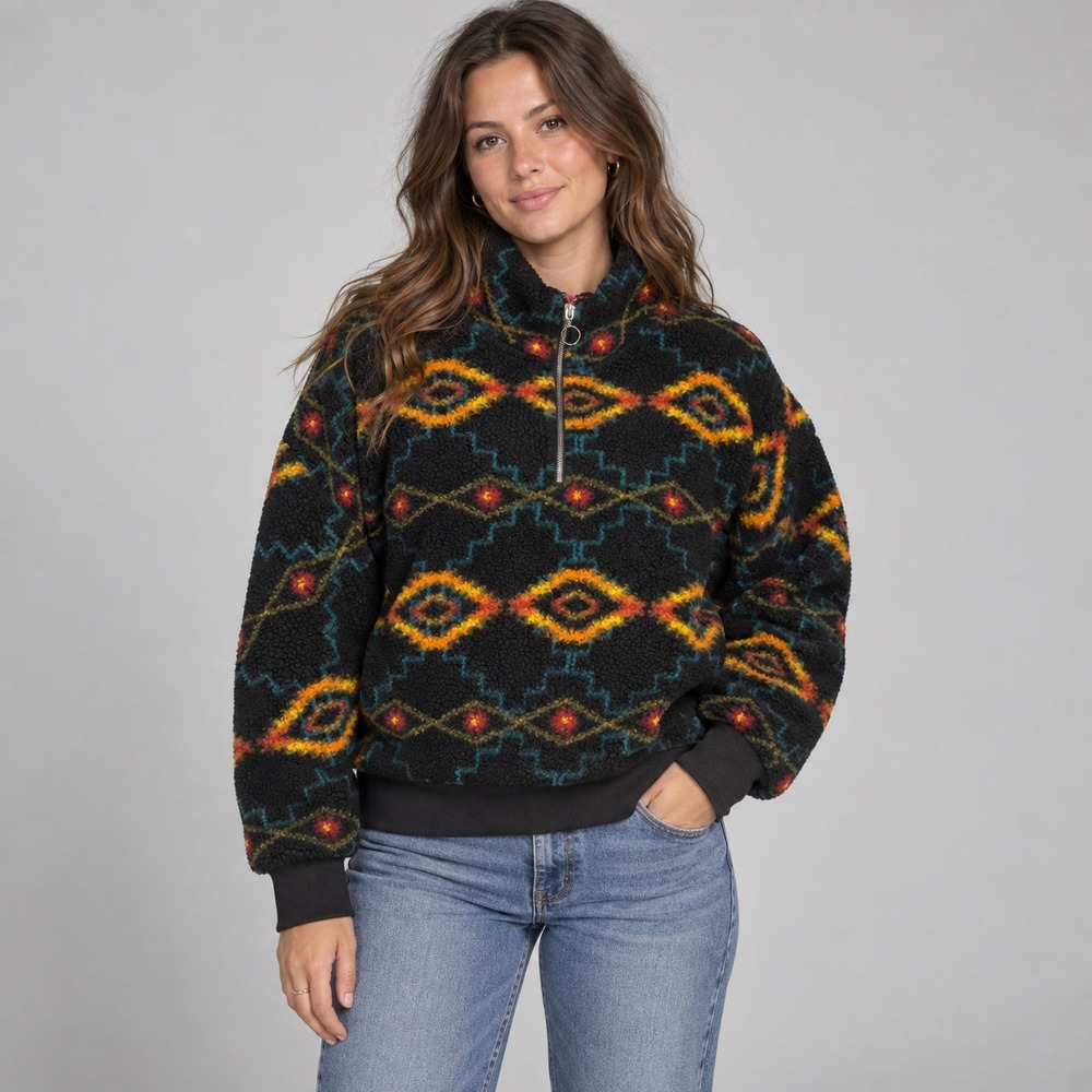 Rock & Roll Denim Sweatshirt Women L Aztec Sherpa Fleece 1/4 Zip Pullover Jacket